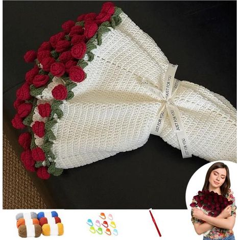 1 pièce Couverture bouquet de roses au crochet, motif floral intemporel, plaid décoratif doux 70 cm, idéal pour canapé ou cadeau romantique