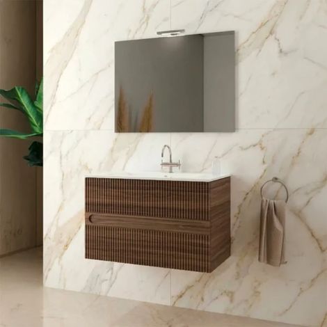Mobile bagno sospeso con specchiera e lavabo integrato modello aurora 80cm base sospesa+lavabo+specchio+lampada / noce MOBO