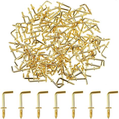 Lot de 150 petits crochets à vis, crochet à angle droit en forme de L plaqué cuivre de 1,27 cm pour bijoux, artisanat, clés, casquettes, plantes, guirlandes lumineuses, couronnes (doré) (1/5)