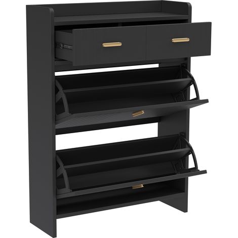 Zapatero estrecho con puertas abatibles y 2 cajones, negro, 75 x 24 x 108,5 cm (1/5)