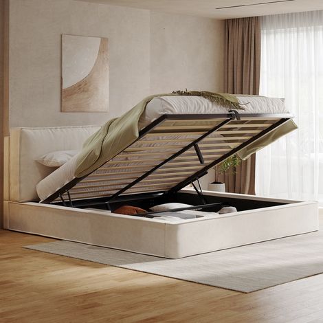 BATDTECH - Cama doble 160x200 cm, Cama con somier, cabecero acolchado de 13 cm y almacenaje hidráulico, Tapizado en chenilla beige, sin colchón (1/5)