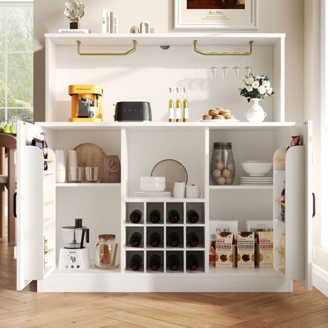 Buffet 120 x 40 x 120cm design minimaliste bois blanc et noir, porte-verres et rangement multicouches avec séparateur (1/5)