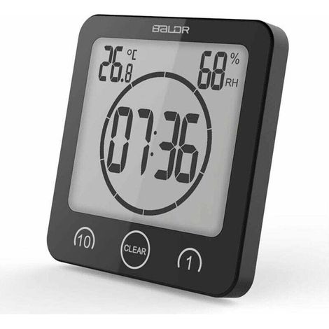 Digital bathroom wall clock with alarm, splash-proof, touchscreen, temperature and humidity display, suction cup hanging hole (black) (1/5)