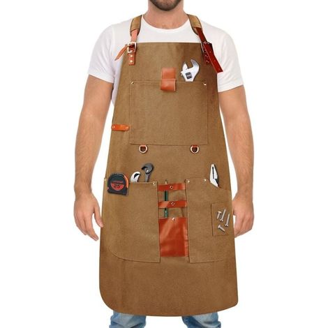 Holzbearbeitungsschürze für Männer, Geschenk für Schreiner, mit 8 Werkzeugtaschen, strapazierfähige Arbeitsschürze aus gewachstem Canvas (1/4)
