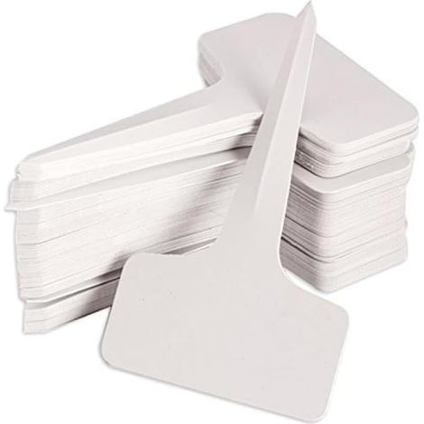 Packung mit 100 T-förmigen Gartenpflanzenetiketten, wiederverwendbare Kunststoff-Gartenstecker für Sämlinge und Topfpflanzen, wasserfeste und langlebige Etiketten (weiß) (1/5)