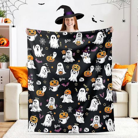 Couverture Halloween fantôme plaid citrouille mignon en flanelle douce couverture canapé lit fête maison 127x152 cm noir (1/5)