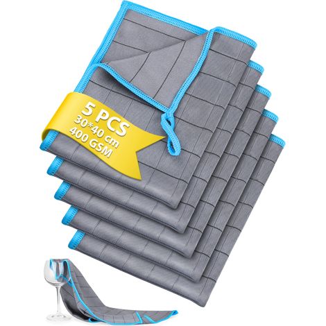 Chiffon Microfibre de Carbone Lot de 5, 30 x 40 cm, 400GSM, sans Peluches, pour salissures et Graisses tenaces, pour la Maison, la Cuisine, la Voiture et Le Nettoyage des vitres – Bleu (1/5)