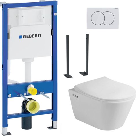 Pack WC suspendu complet Geberit Duofix, cuvette Glacera Ava sans bride, abattant SoftClose, plaque blanche (1/5)