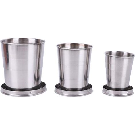 Mug de voyage pliable en acier inoxydable, lot de 3, réutilisable, pliable, portable, en acier inoxydable avec sac pour le camping et la randonnée. (1/5)