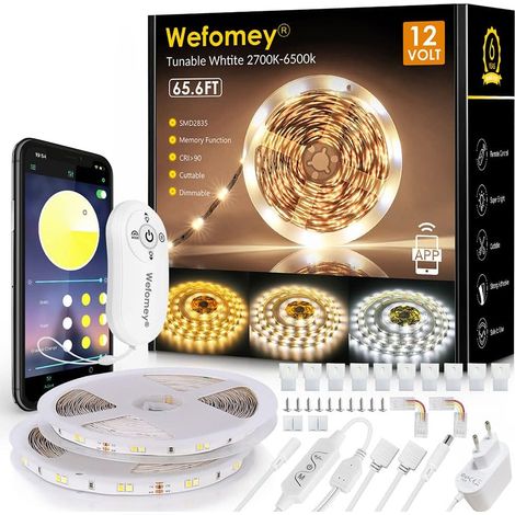 Ruban LED 20M Blanc Chaud Dimmable 2700K-6500K LED Blanc Chaud avec Alimentation et Télécommande, Ruban Flexible Strip Bande Lumineuse pour Chambre, Cuisine, Décoration de la Maison (1/5)