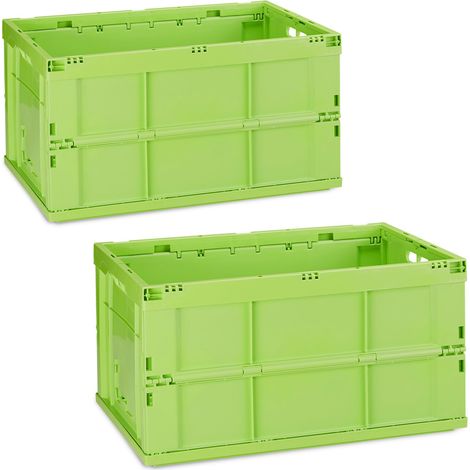 Boîte pliable couvercle, lot de 2, caisse de rangement, plastique, coffre transport 60 litres 31,5 x 58,5 x 40 cm, vert