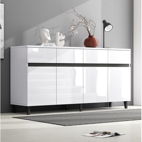 Weiße Kommode 160 x 40 x 68 cm mit 4 Schubladen, 2 Türen und verstellbaren Einlegeböden OKMYHOME (1/5)