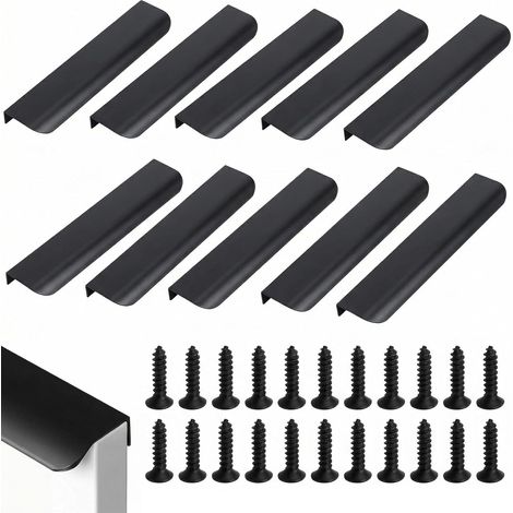 Lot de 10 Invisible Poignee de Meuble Cuisine en Aluminium, 200 mm Poignées Encastrées Affleurantes avec Vis, Poignée Meuble pour Tiroirs et Portes D’Armoire, Moderne Sans Traces, Noir Mat (1/5)