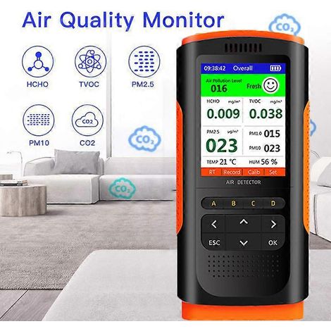 Moniteur de qualité de l'air 9 en 1 : détecteur de PM2.5 portable avec écran LCD, détecteur de formaldéhyde, mesureur de pollution de l'air intérieur et testeur de micro-poussières. (1/5)