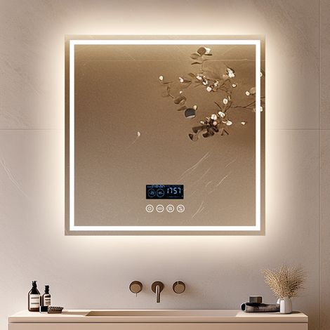 Miroir LED Salle de Bain Bluetooth 80x80cm - HD Miroir Lumineux avec Anti-buée -Affichage de l'Heure et Température - 3 Températures de Couleur (1/5)