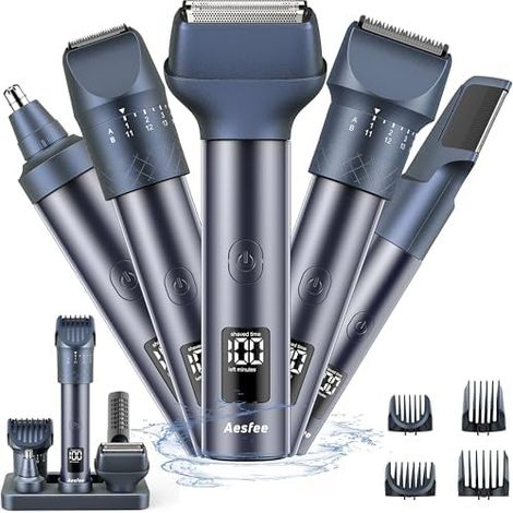 Tondeuse Cheveux, Barbe pour Homme, Professionnelle avec 20 Longueurs de Coupe Réglables, Rasoir électrique Tout-en-un et Corps Nez étanche IPX7 Station Charge USB-C Bleu Foncé - (1/5)