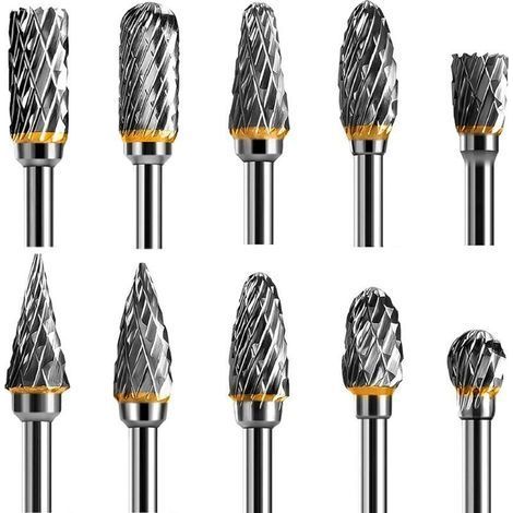 10 Piece Tungsten Carbide Steel Rotary Burr Set, Double Flute, Rotary Tool, 3.175mm (1/8") Shank, for DIY, Wood Carving, Metal Polishing, (1/4)