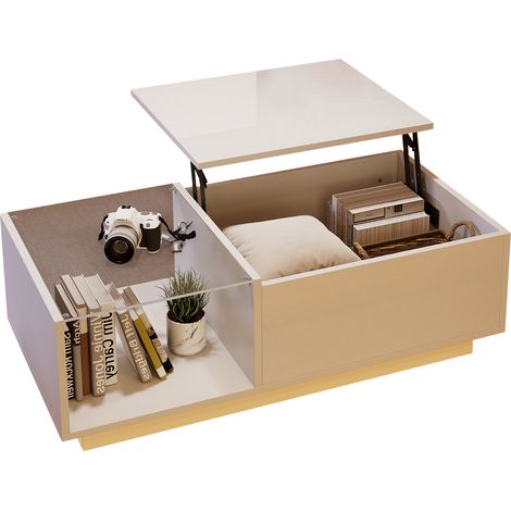 LED Couchtisch,Hochglanz Couchtisch, Wohnzimmertischmit , Höhenverstellbarer Kaffeetisch mit Verstecktem Stauraum und Ablage, 50 x 100 x (33-46.5) cm (1/4)