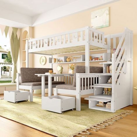 Lit Mezzanine 90x200 cm 2 en 1 Bureau et Escalier Rangement - lit simple - Décor Étoiles Lune, Pin Massif, Gain de Place Blanc