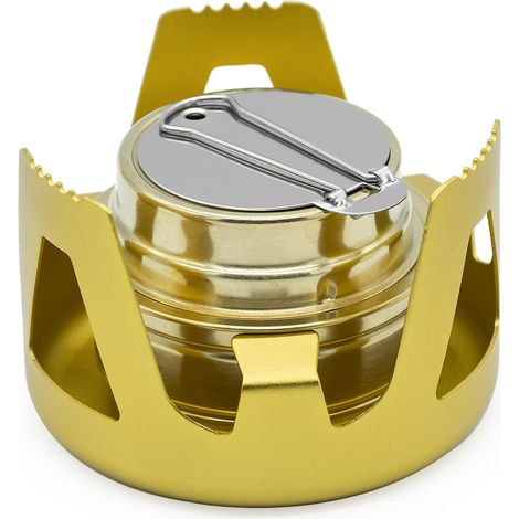 Réchaud Alcool Portable Doré 9.5x6.5cm Alliage Aluminium Laiton Combustion Efficace Randonnée Camping 127g (1/5)