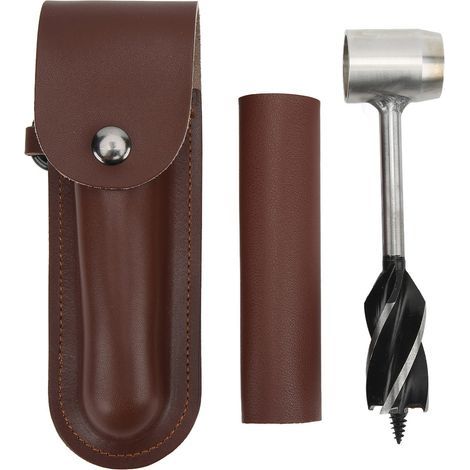 Jeu de clés à tarière à main en acier inoxydable, foret à bois manuel multifonctionnel portable avec sac de rangement en cuir marron et étui (1/5)