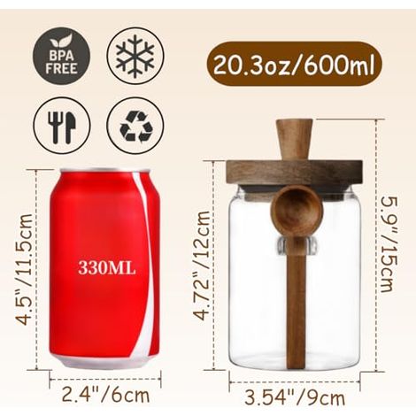 Bocal en verre avec couvercle en bois et cuillère, récipient de conservation des aliments de 20 onces (environ 575,5 grammes), cafetière, pot à café moulu, bocal de conservation des aliments en verre (1/4)
