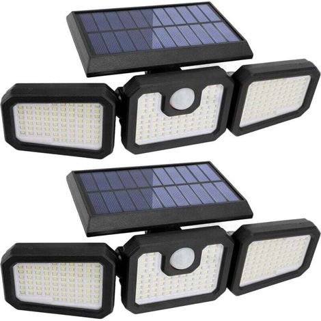 Lot de 2 lampes solaires d'extérieur à 210 LED 2500 lm Détecteur de mouvement Éclairage solaire Étanche IP65 3 têtes Spot Projecteur mural Grand angle 360° pour garage, cour, porche (1/4)