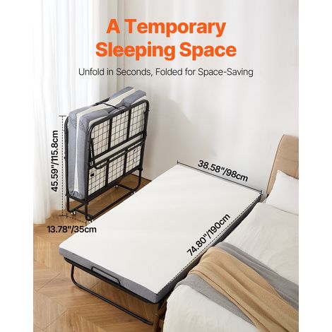 Lit d'appoint, 96,5 x 190 cm, lit pliant avec matelas 10 cm, lit jumeau pliable portable avec cadre en métal robuste et matelas en… (1/5)