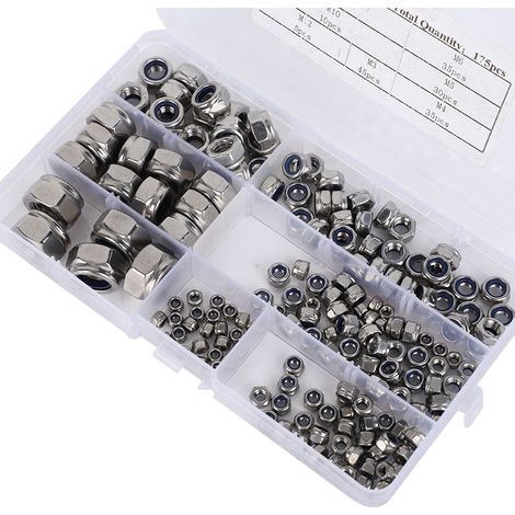 Écrous autobloquants hexagonaux en acier inoxydable 304 et nylon M3-M12 (boîte de 175 pièces) (1/5)