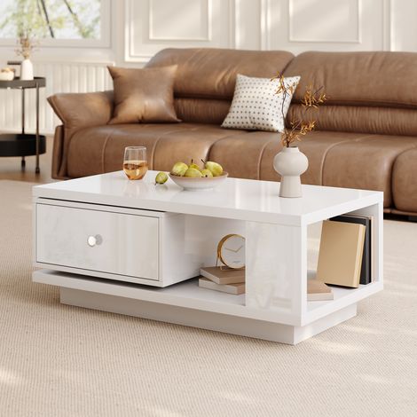 Mesa de centro de 90 x 48 cm con cajón giratorio y hueco abierto, diseño moderno, acabado lacado brillante para salón, blanca (1/5)