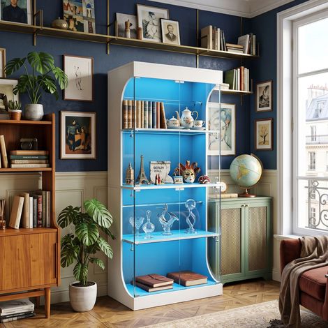 Creahappy Vitrine en Verre LED 80x35x165 cm - Rangement Étagère de Collection Déco - Ports USB Type-C & Capteur Intelligent - Blanc (1/5)