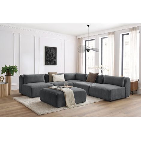 BOBOCHIC - Canapé d'angle fixe modulable JEANNE tissu texturé avec 4 chauffeuses, 1 angle et 1 pouf Gris foncé (1/5)