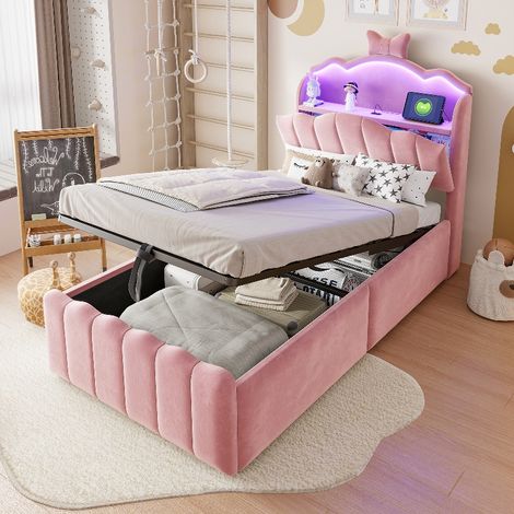 Polsterbett 90x200 cm für Mädchen, Kinderbett mit hydraulischem Stauraum, LED-Beleuchtung, USB-Anschluss und aufklappbarem Schleifen-Kopfteil, Rosa Samt (1/5)