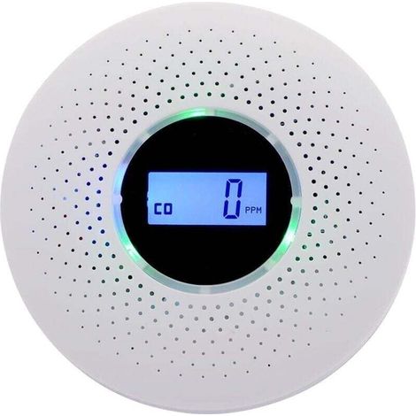 Smoke detector, combined smoke and carbon monoxide detector, composite alarm with audible warning and battery-powered digital display. (1/5)