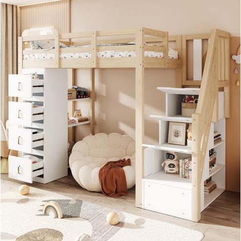 Hochbett aus Massivholz Natur 90x200 cm mit Sicherheitsleiter mit Schubladen, 4 Stauraumschubladen, 3-stufigem Regal und Lattenrost
