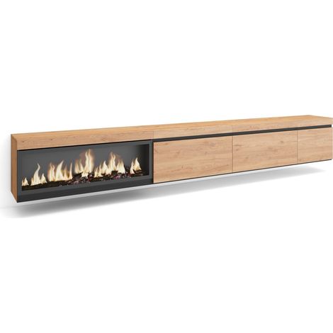 Skraut Home - Mueble TV, Televisión, Muebles de salón, almacenaje, 317x45x35 cm, Chimenea eléctrica XXL, Colgado, Suspendido, Estilo Moderno, Roble (1/5)
