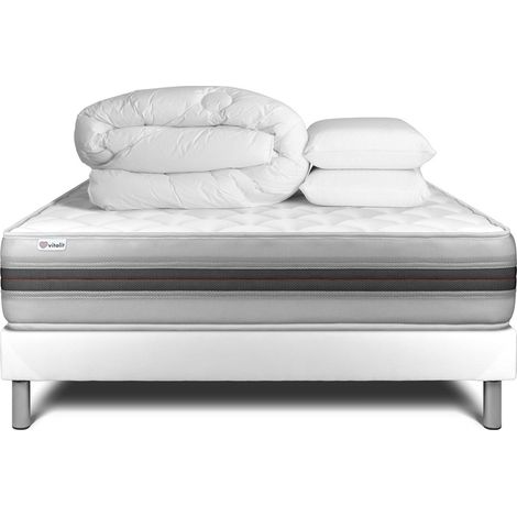 Komplettpaket Bett - Matratze 140x200 cm + Boxspringbett mit Lattenrost (im Set) + 2 Kopfkissen + Bettdecke - Vitalmemo Back