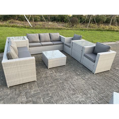 Fimous 8 places Meubles de Jardin en rotin ave Canapé à 3 places 2 Fauteuil 2 Table d'appoint Table basse Gris Clair (1/5)