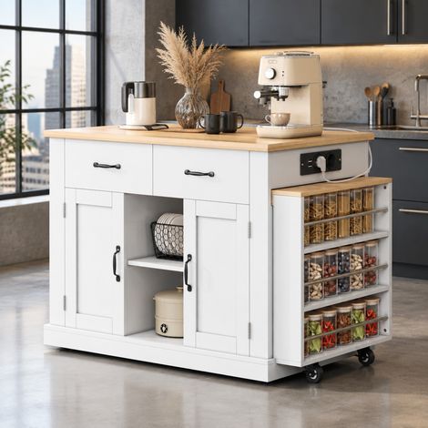 Isla de cocina móvil con mesa extensible hasta 235 cm, blanco y roble claro (1/5)