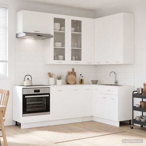 vidaXL Unité de cuisine LYON 8 pc Blanc Bois d'ingénierie (1/5)