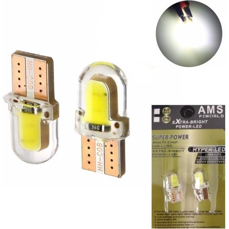 Pack de 2 ampoules LED en silicone COB T10 W5W 300 lm 12 V blanches pour feux de position, en blister