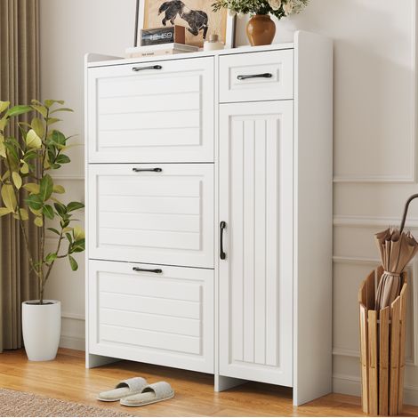 Zapatero de 92x24x121 cm con 3 puertas abatibles, 1 cajón, 1 puerta y amplio compartimento de almacenamiento, MDF blanco. (1/5)