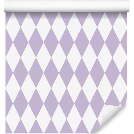 Carta da parati Arlecchino con diamanti, bianca e lavanda, per soggiorno e camera da letto, 50x1000 cm. (1/5)
