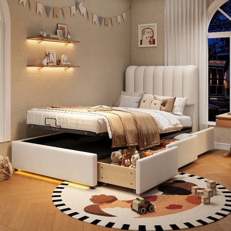 Kinder Stauraumbett 90x200 cm mit Bettkasten und 3 Schubladen, Polsterbett aus Samt in Beige mit LED-Beleuchtung und Gasdruckfeder (1/5)