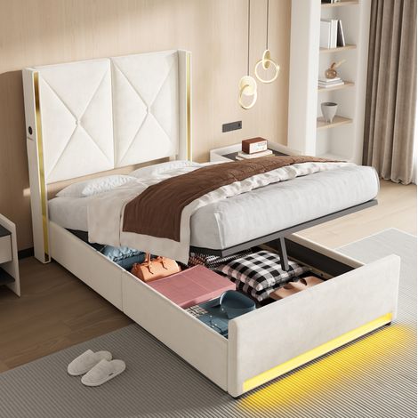 letto contenitore 90x200 USB LED velluto beige HAVRYA (1/5)