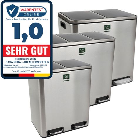 Casa Pura – Poubelle à pédale 3 compartiments 54 litres – Acier inoxydable avec poignées – Couvercle amortisseur silencieux – Pour tri des déchets