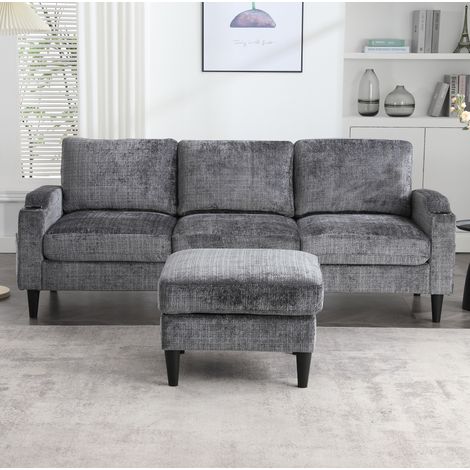 Divano in chenille grigio 196,5 cm 4 posti con pouf contenitore, portabicchieri e tasche laterali (1/5)