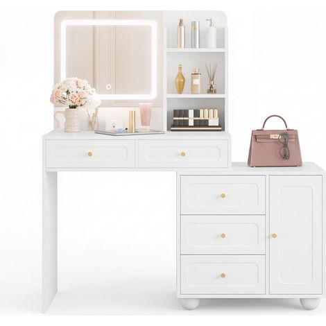 Coiffeuse avec miroir LED à 3 modes, 5 tiroirs, 1 porte et 3 rangements, meuble maquillage blanc en MDF et bambou, 80 × 39,8 × 127 cm – CHICFURN (1/5)