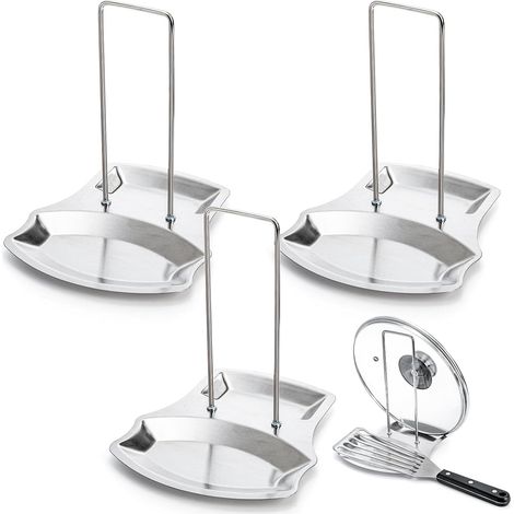 Juego de 3 soportes para tapas de ollas, soporte de acero inoxidable para cucharas, prácticos utensilios de cocina para ollas y sartenes.
