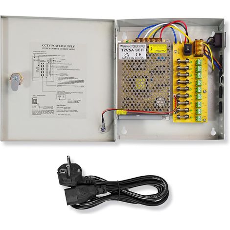 Boitier Alimentation CCTV 12V 5A DC 60W Sortie 9 Canaux Prise CA Bloc Alimentation pour Camera Surveillance, DVR, LED (1/5)